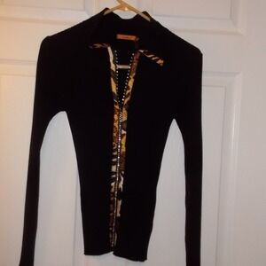 Belldini Animal Print Rhinestone Zip Front Cardigan Sweater Mock Neck